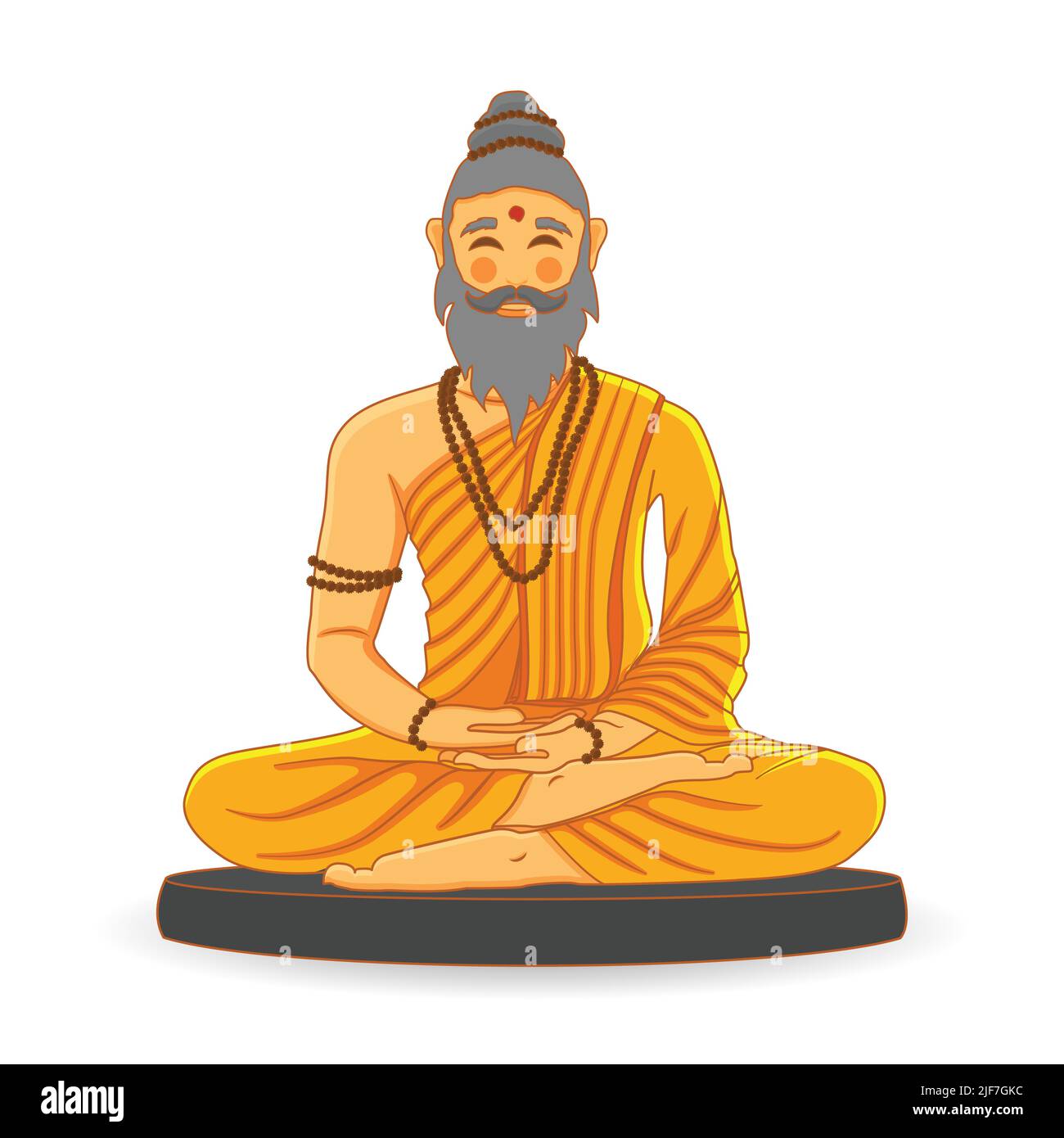 Guru, ascetic, sage, sadhu, saint, monk, yogi meditating concentrating. Traditional Saffron orange clothes sitting in yoga pose with Rudraksha beads. Stock Vector