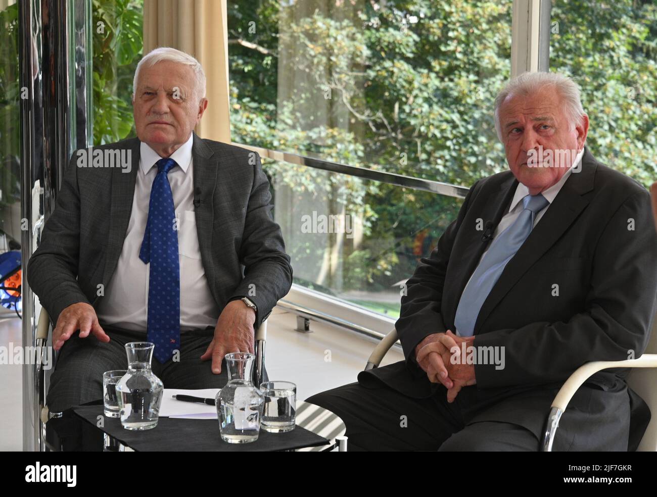 Brno, Czech Republic. 26th June, 2022. Former Czech Prime Minister Vaclav Klaus, left, and former Slovak Prime Minister Vladimir Meciar, right, are seen during their discussion at Tugendhat villa in Brno, Czech Republic, on June 30, 2022, where they negotiated about split of Czechoslovakia 30 years ago. The discussion is organized by public Czech Radio (CRo) and Slovak TV (RTVS). Credit: Igor Zehl/CTK Photo/Alamy Live News Stock Photo