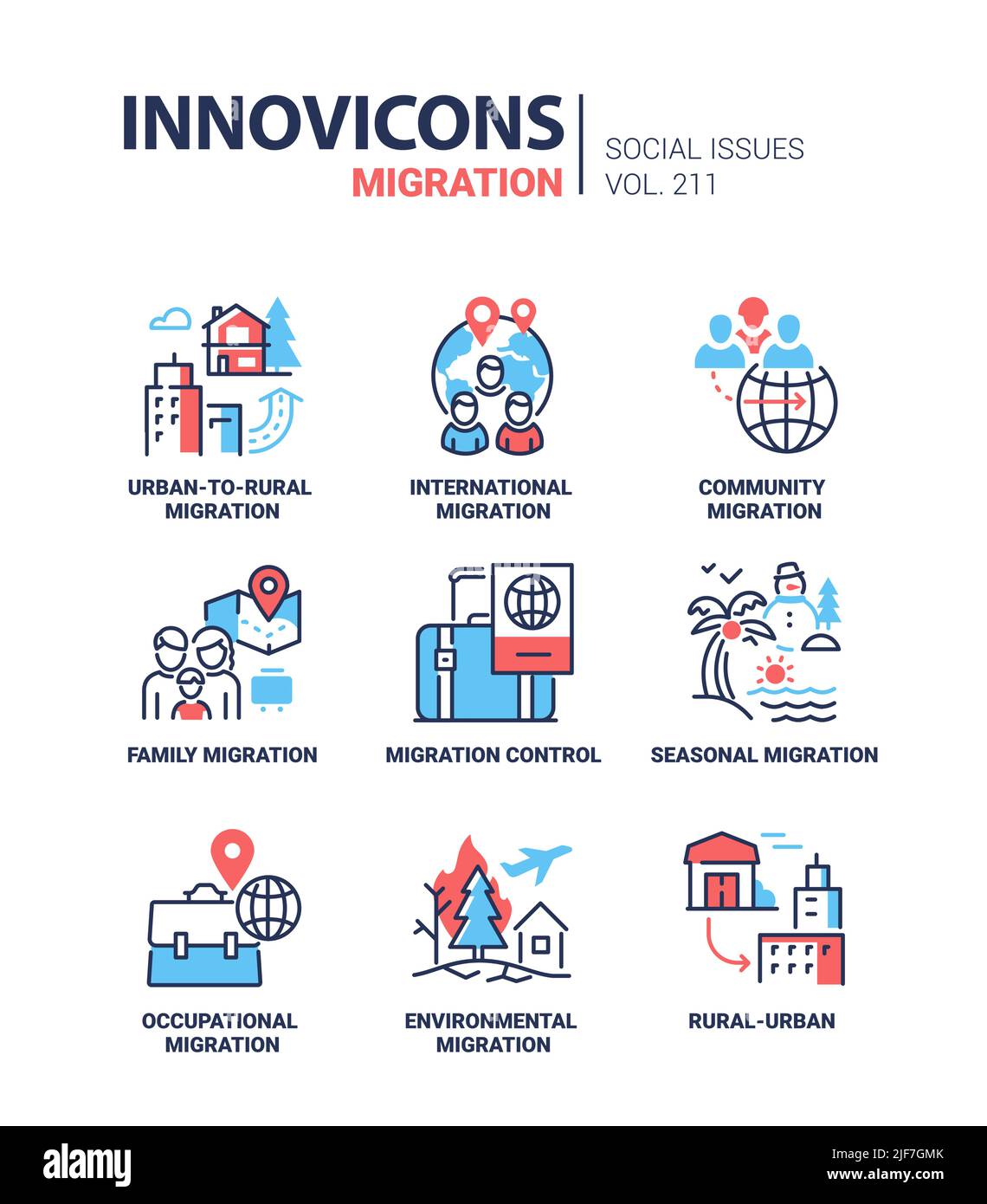 Migration and social issues - modern line design style icons set Stock Vector