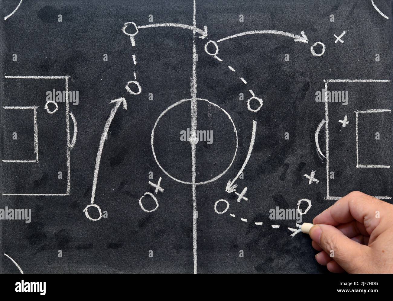 Plan de juego de fútbol dibujado a mano con tiza en una pizarra Stock Photo
