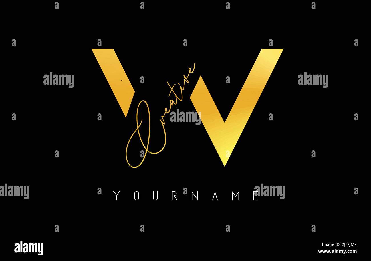 Creative golden W logo with cuts and handwritten text concept design ...