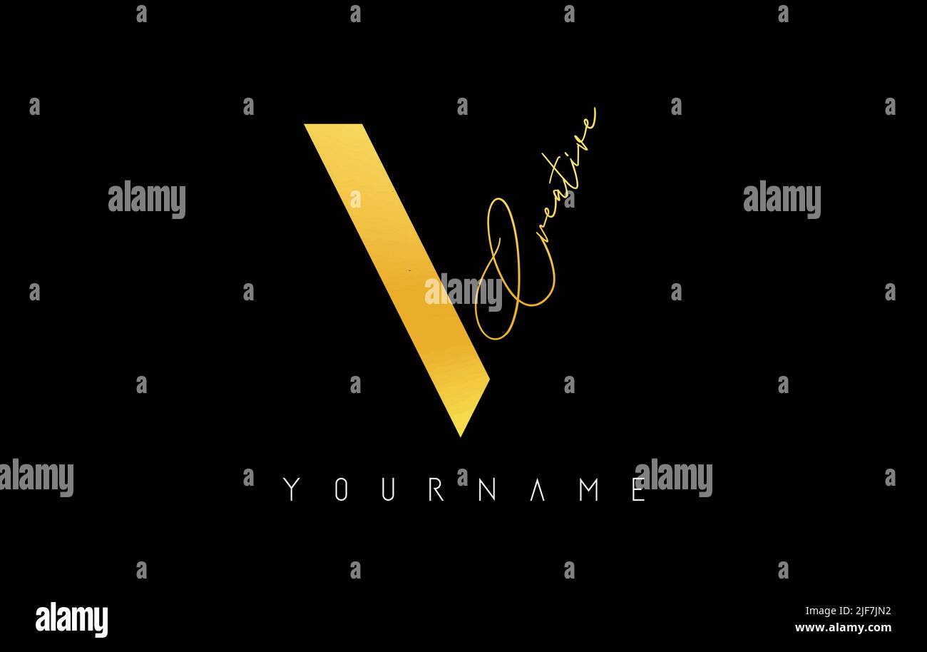 Creative golden V logo with cuts and handwritten text concept design ...