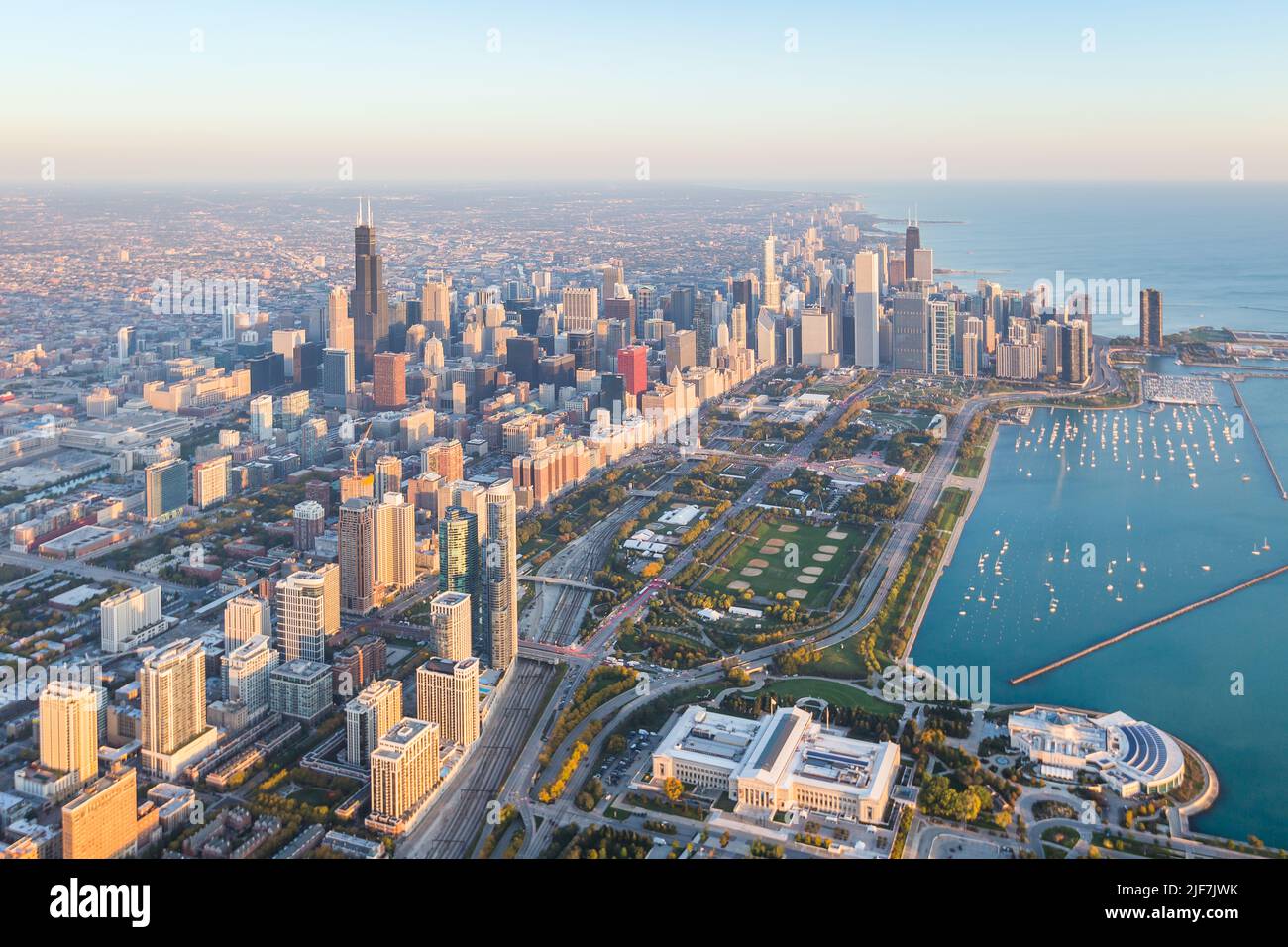 Chicago, Illinois - Skyline at Sunrise Aerial Stock Photo