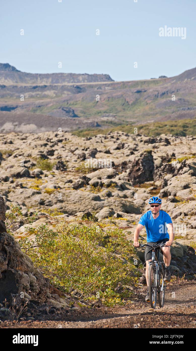 Man cycling around Thingvallavatn lake in Iceland Stock Photo