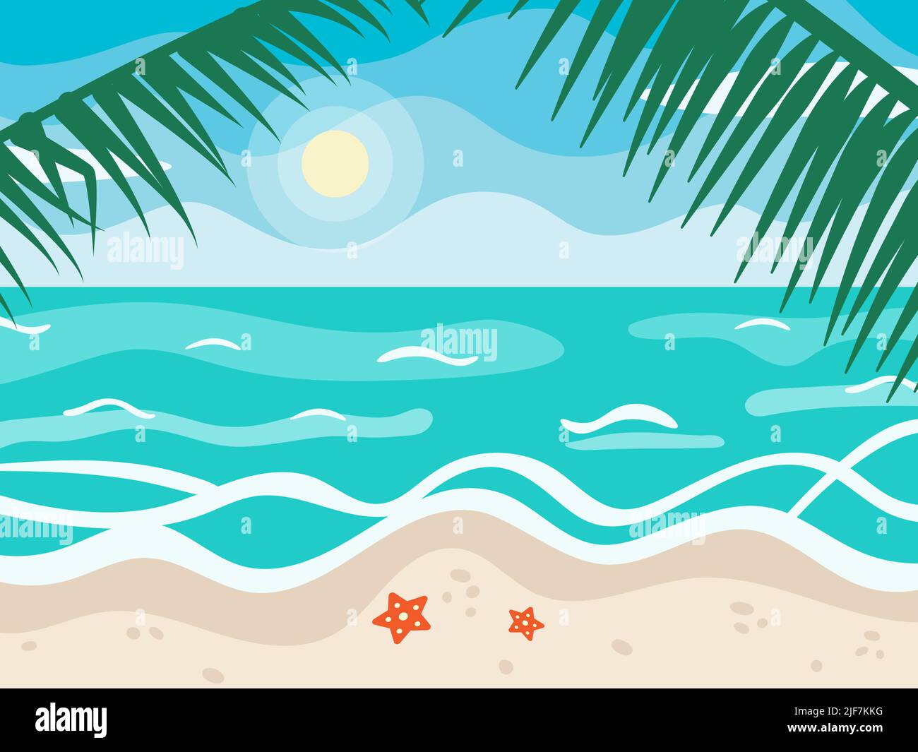 Seascape in cartoon flat style. Summer sunny day, beach and ocean illustration. Background for banner, logo, lettering, card, poster. Blue sky, sea Stock Vector