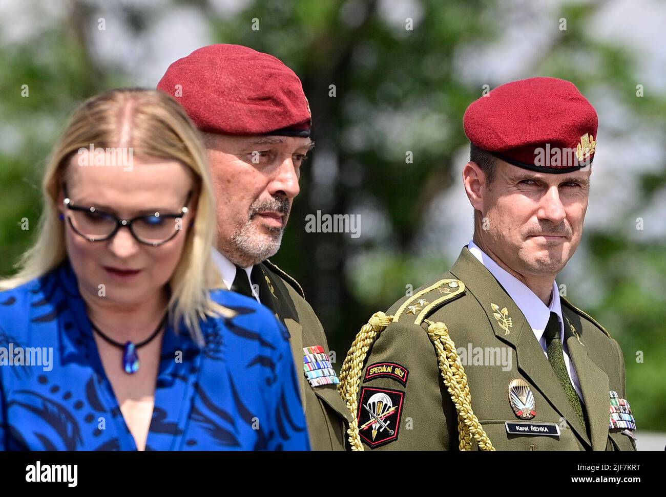 Prague, Czech Republic. 30th June, 2022. On the occasion of Armed Forces Day the Chief of Staff Ales Opata passes the post to Brigadier General Karel Rehka (right) at Vitkov National Memorial, Prague, Czech Republic, on June 30, 2022. On the left is Defence Minister Jana Cernochova. Credit: Roman Vondrous/CTK Photo/Alamy Live News Stock Photo