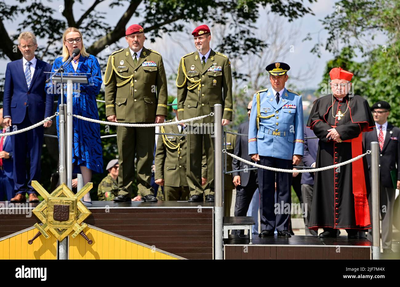 Prague, Czech Republic. 30th June, 2022. On the occasion of Armed Forces Day the Chief of Staff Ales Opata, 3rd from left, passes the post to Brigadier General Karel Rehka, 4th from left, at Vitkov National Memorial, Prague, Czech Republic, on June 30, 2022. From the left are seen Senate Chairman Milos Vystrcil and Defence Minister Jana Cernochova, on the right side is seen cardinal Dominik Duka. Credit: Roman Vondrous/CTK Photo/Alamy Live News Stock Photo