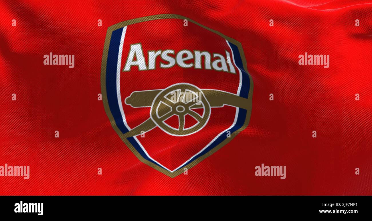 London, UK, May 2022: The flag of Arsenal Football Club waving. Arsenal is a professional football club based in Islington, London, England. Stock Photo