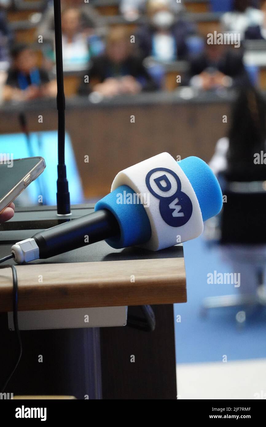 Logo of German state broadcaster Deutsche Welle on a microphone Stock Photo
