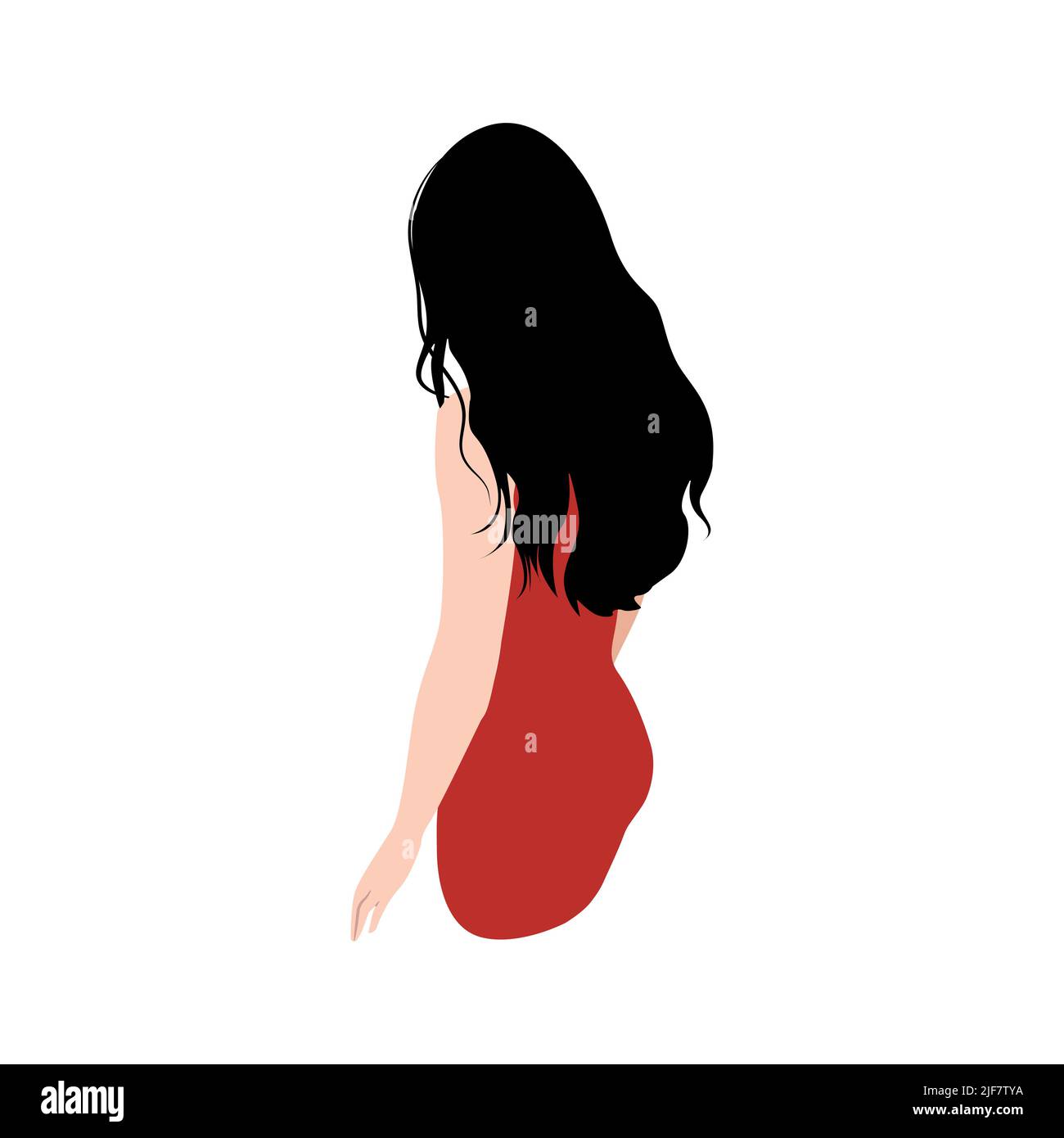 Girl with long black hair in a red dress, view from the back. Vector illustration in flat style Stock Vector