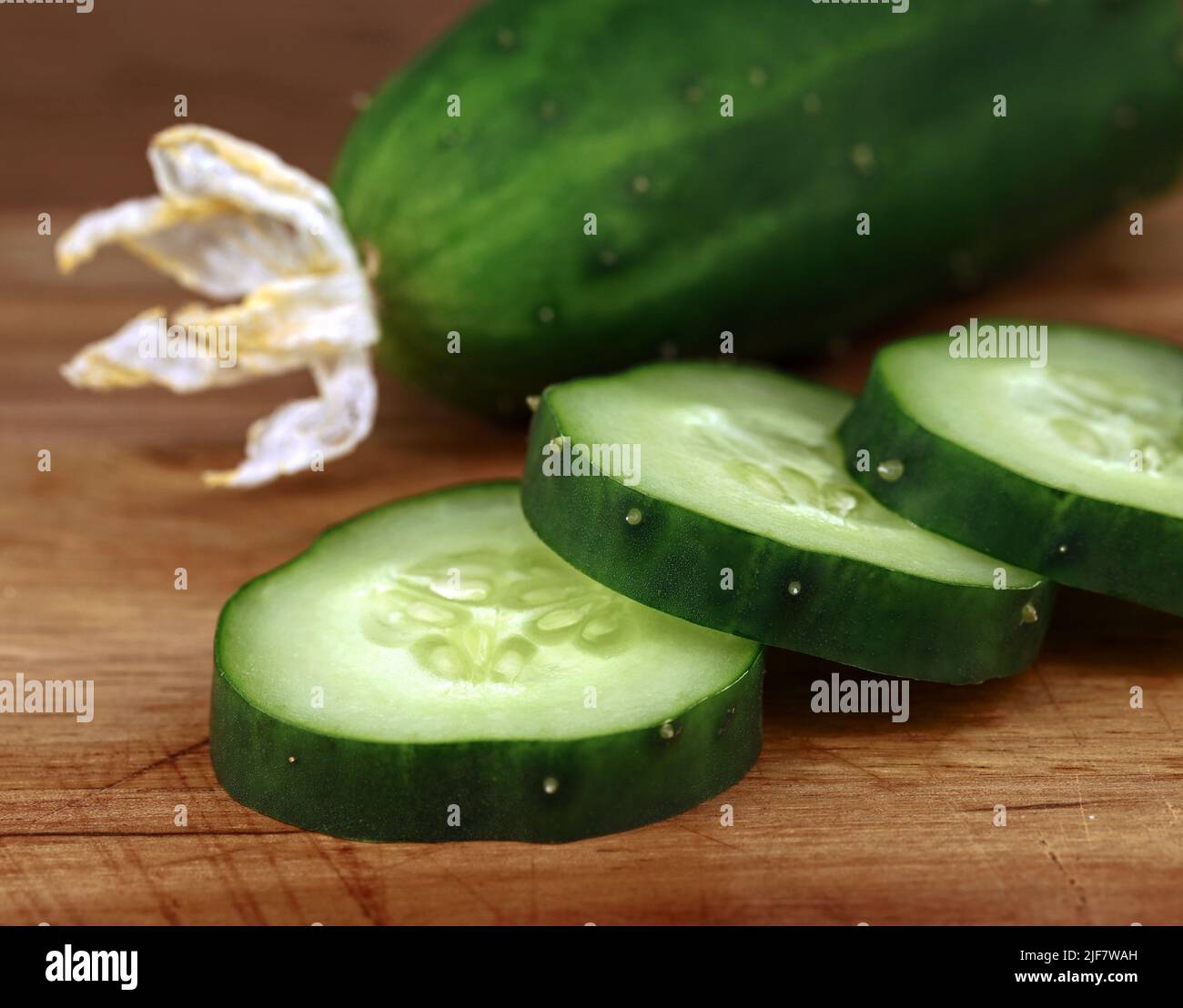 Close-up of cut cucumber slices of an outdoor cucumber with dried fruit blossom, freshly harvested home-grown vegetables Stock Photo
