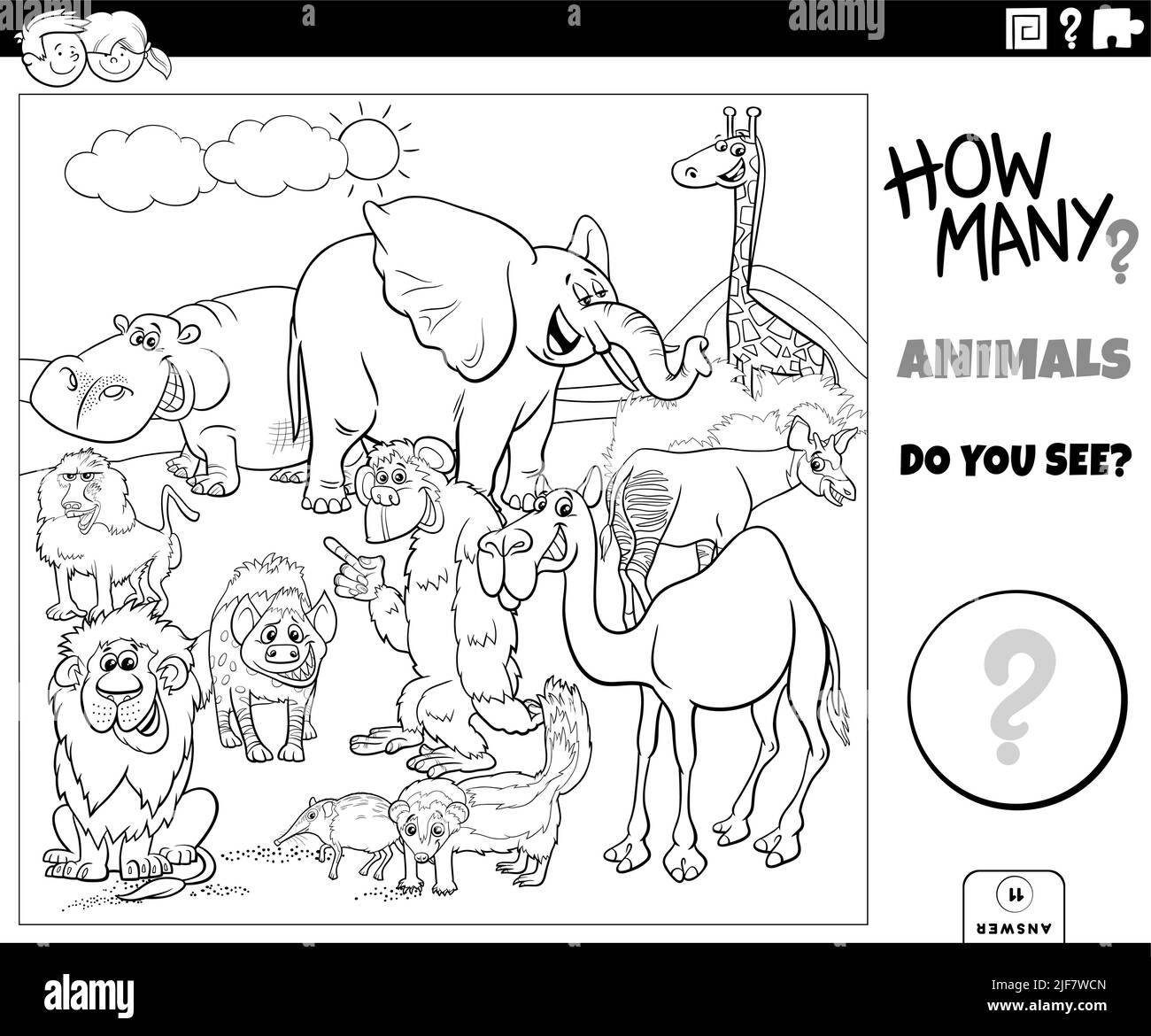 Black and white illustration of educational counting game for children with cartoon wild animals characters group coloring book page Stock Vector