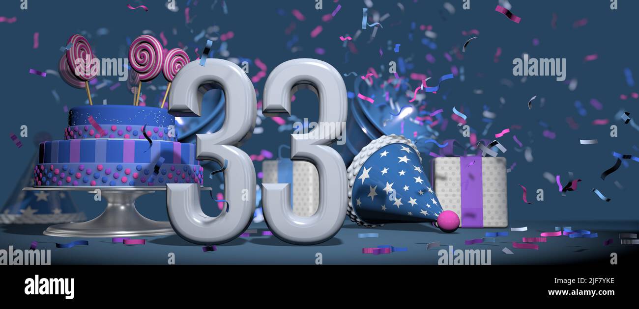 Foreground solid white number 33, birthday cake adorned with candy lollipops, gifts and party hat with bugles shooting out pink and purple confetti ag Stock Photo