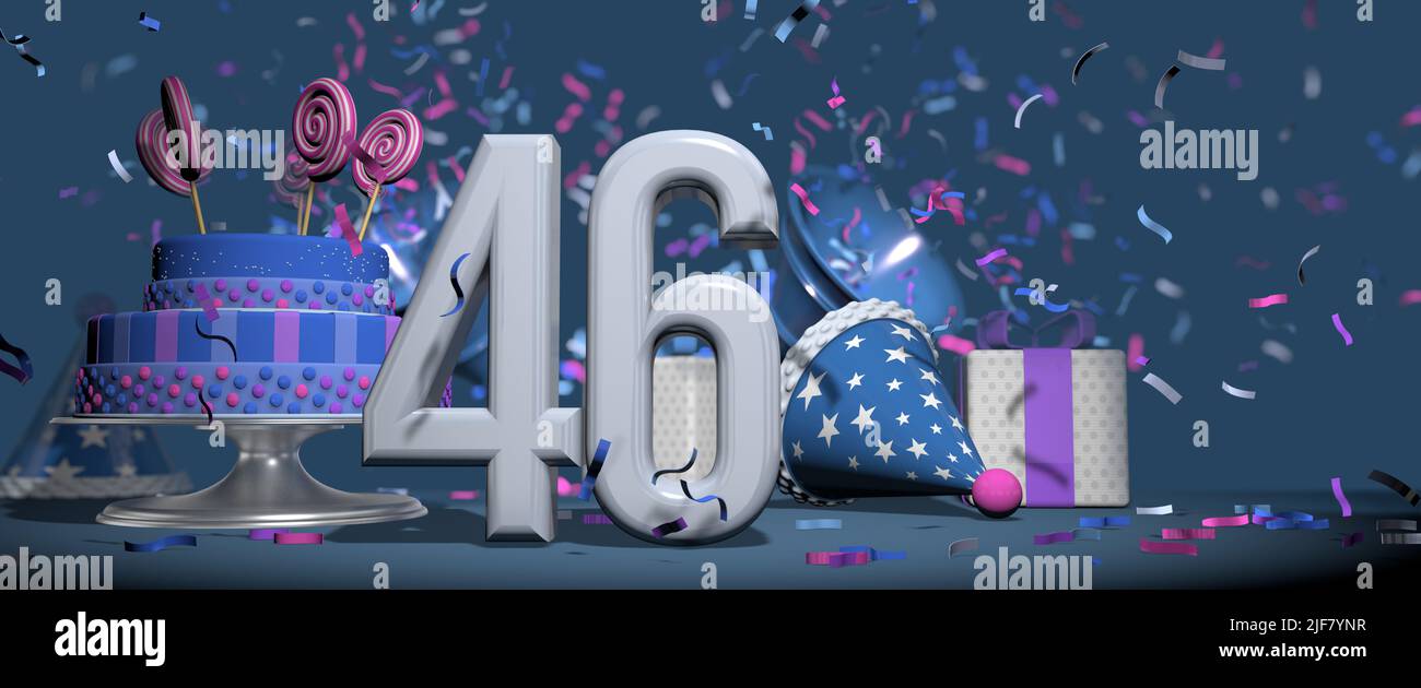 Foreground solid white number 46, birthday cake adorned with candy lollipops, gifts and party hat with bugles shooting out pink and purple confetti ag Stock Photo