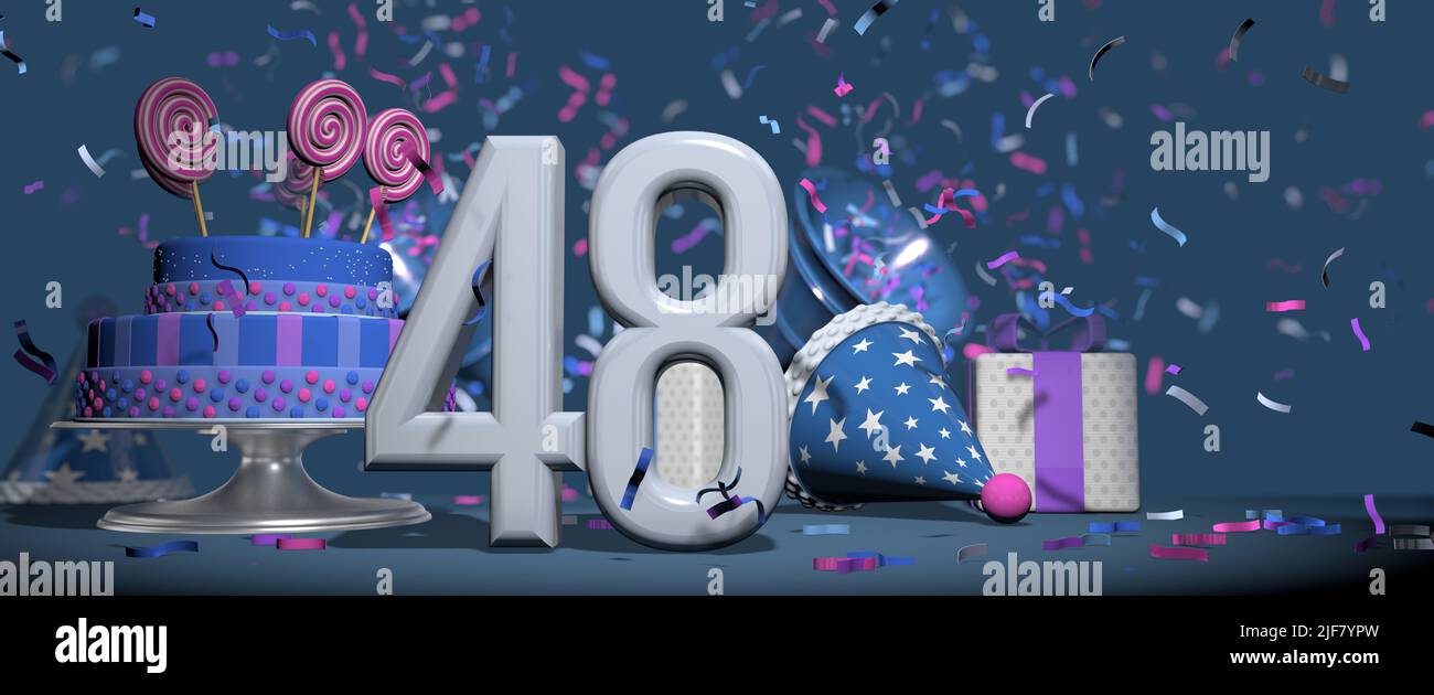 Foreground solid white number 48, birthday cake adorned with candy lollipops, gifts and party hat with bugles shooting out pink and purple confetti ag Stock Photo