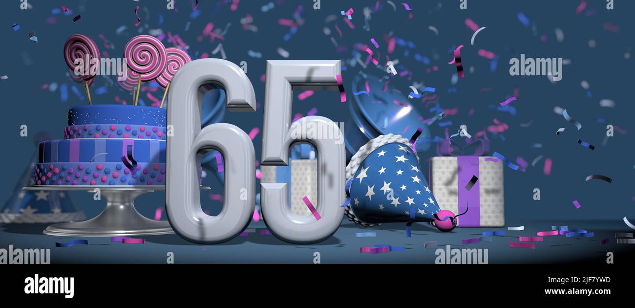 Foreground solid white number 65, birthday cake adorned with candy lollipops, gifts and party hat with bugles shooting out pink and purple confetti ag Stock Photo