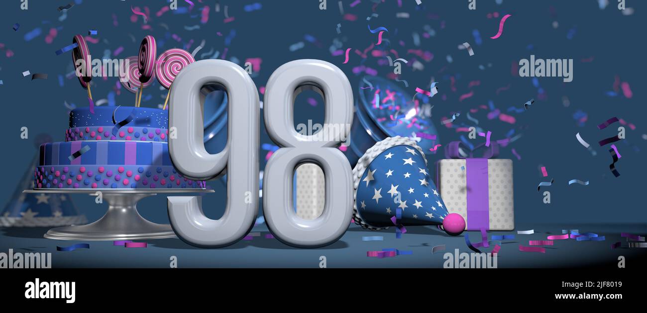 Foreground solid white number 98, birthday cake adorned with candy lollipops, gifts and party hat with bugles shooting out pink and purple confetti ag Stock Photo