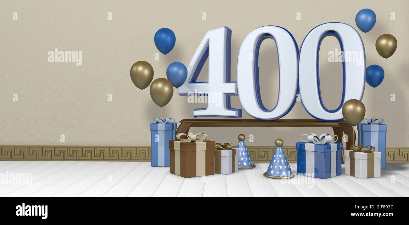 White number 400 with blue border on wooden table surrounded by bright brown, blue and white gift boxes and balloons floating on wooden floor in empty Stock Photo