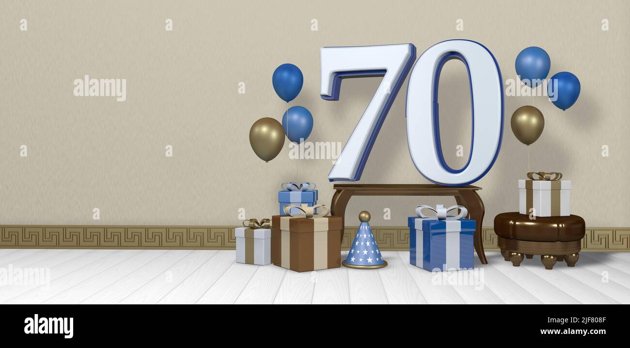 White number 70 with blue border on wooden table surrounded by bright brown, blue and white gift boxes and balloons floating on wooden floor in empty Stock Photo