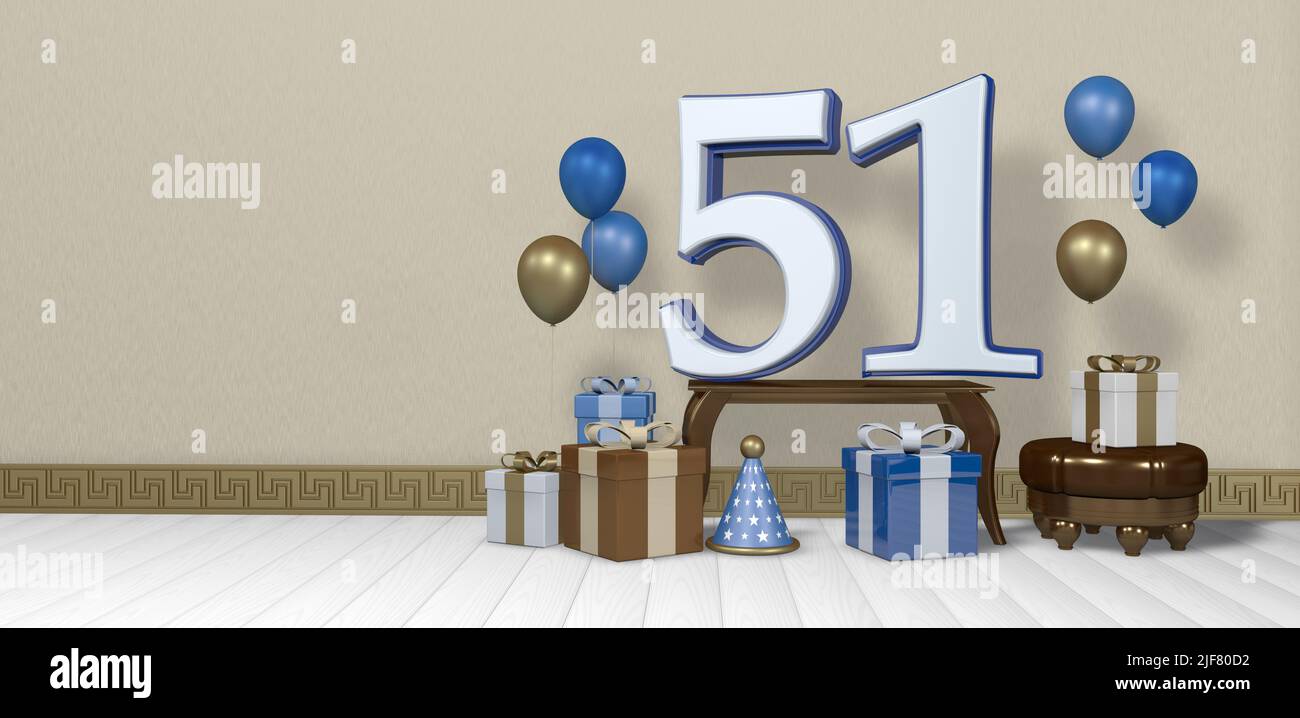 White number 51 with blue border on wooden table surrounded by bright brown, blue and white gift boxes and balloons floating on wooden floor in empty Stock Photo