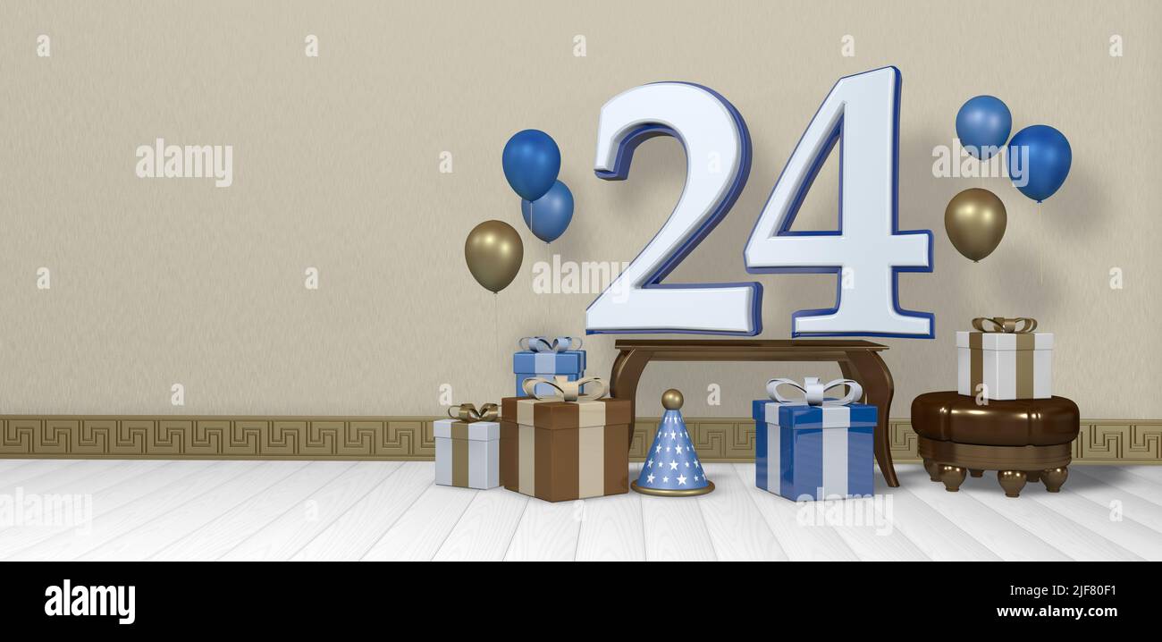 White number 24 with blue border on wooden table surrounded by bright brown, blue and white gift boxes and balloons floating on wooden floor in empty Stock Photo