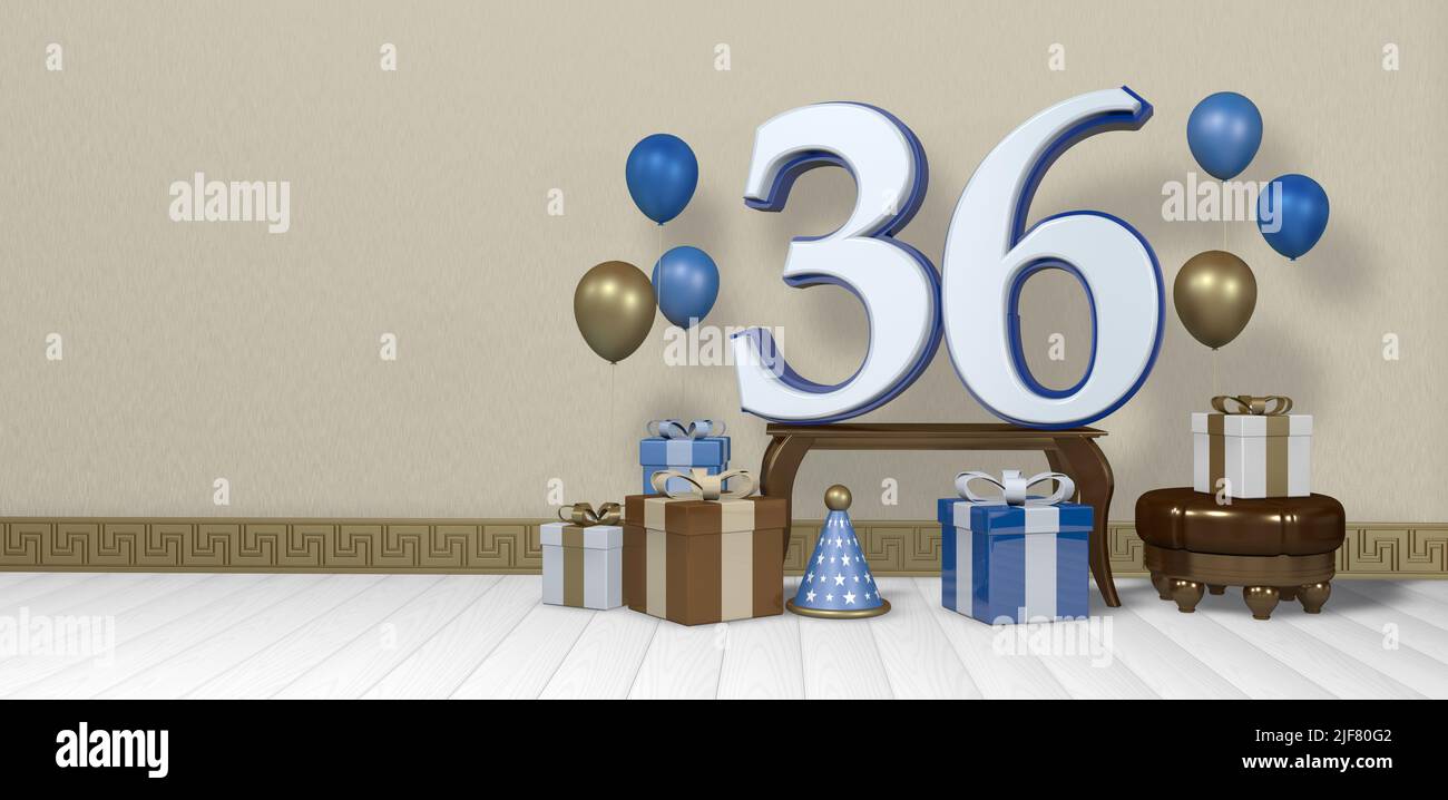 White number 36 with blue border on wooden table surrounded by bright brown, blue and white gift boxes and balloons floating on wooden floor in empty Stock Photo