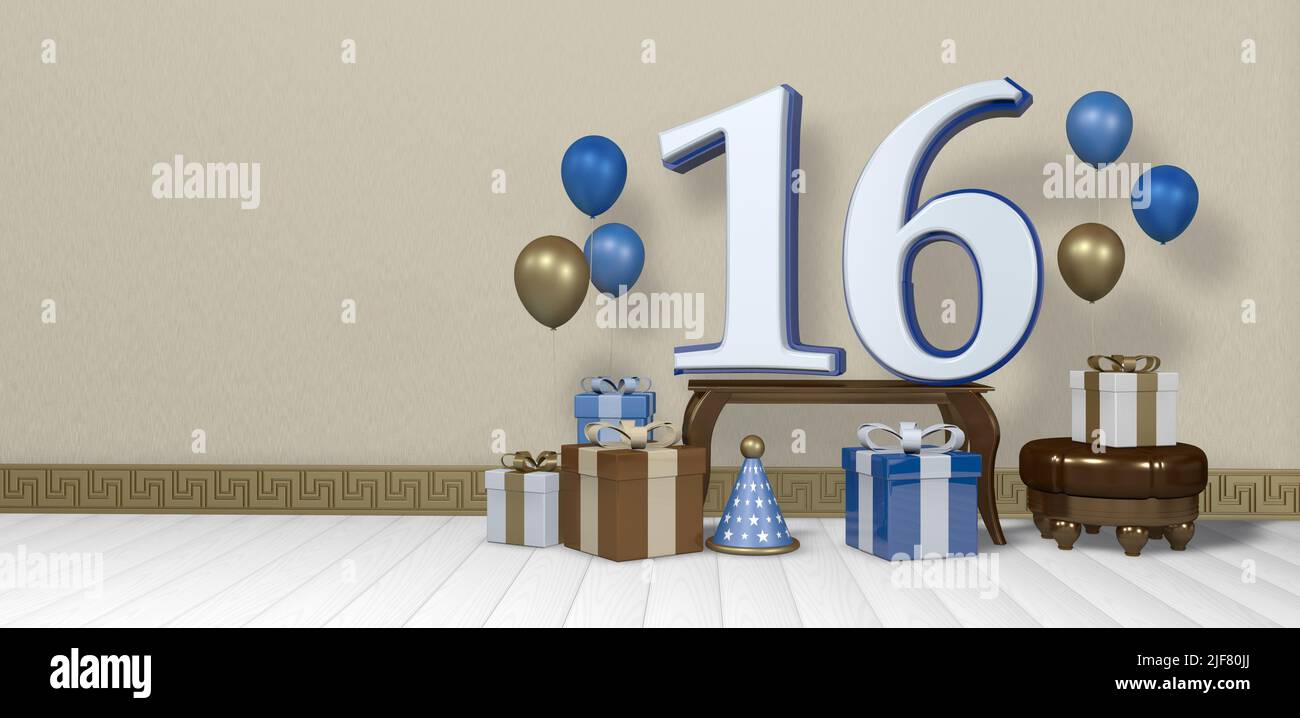 White number 16 with blue border on wooden table surrounded by bright brown, blue and white gift boxes and balloons floating on wooden floor in empty Stock Photo