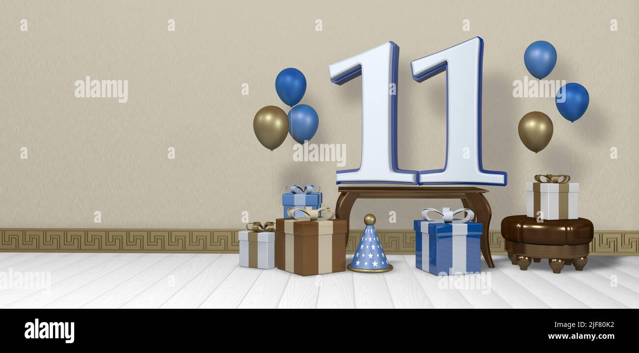 White number 11 with blue border on wooden table surrounded by bright brown, blue and white gift boxes and balloons floating on wooden floor in empty Stock Photo