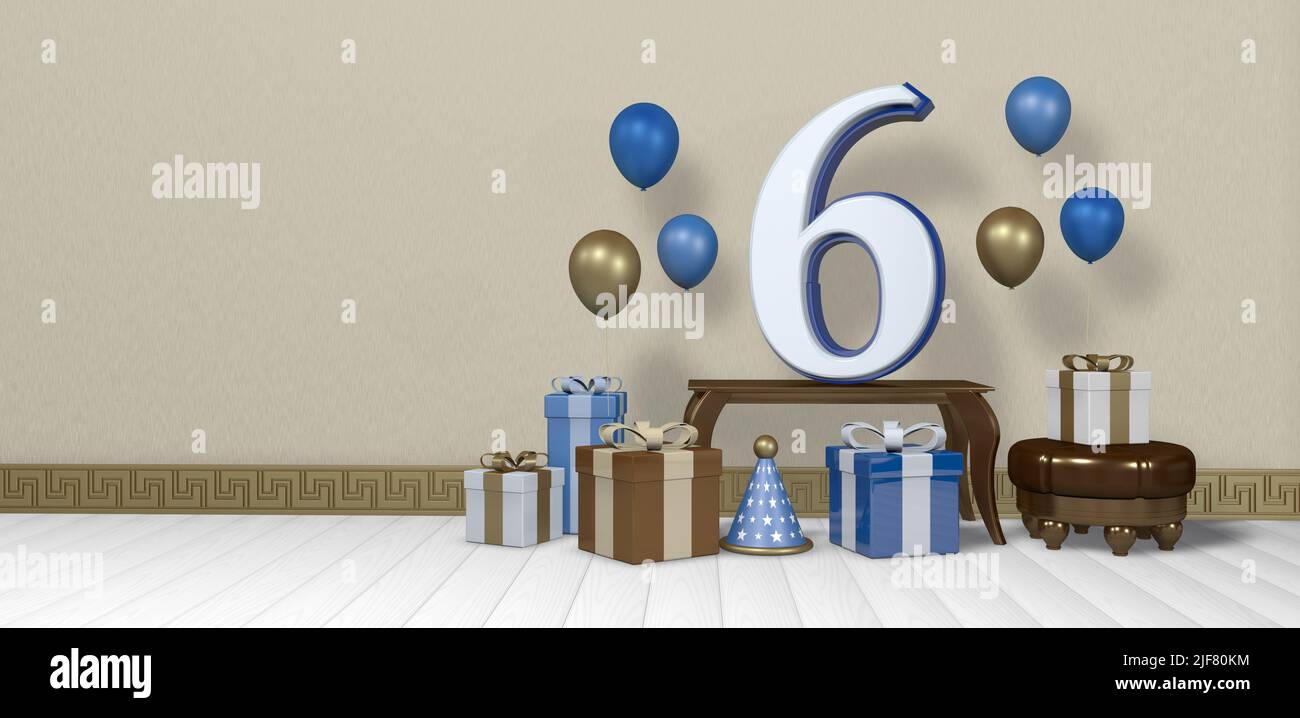 White number 6 with blue border on wooden table surrounded by bright brown, blue and white gift boxes and balloons floating on wooden floor in empty r Stock Photo