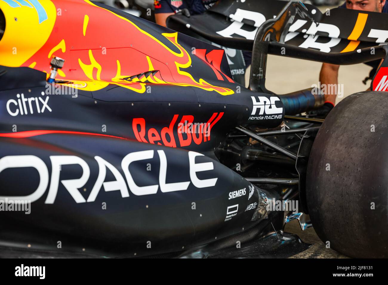 Red Bull Racing Honda RB18, mechanical detail of the sidepod, floor, diffuser, and rear of the car during the Formula 1 Lenovo British Grand Prix 2022, 10th round of the 2022 FIA Formula One World Championship, on the Silverstone Circuit, from July 1 to 3, 2022 in Silverstone, United Kingdom - Photo: Florent Gooden / Dppi/DPPI/LiveMedia Stock Photo