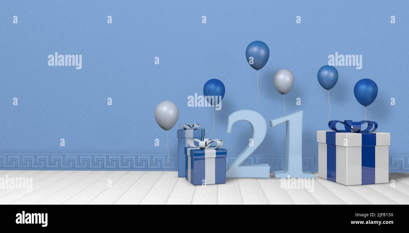 Light blue number 21 among bright blue and white gift boxes adorned