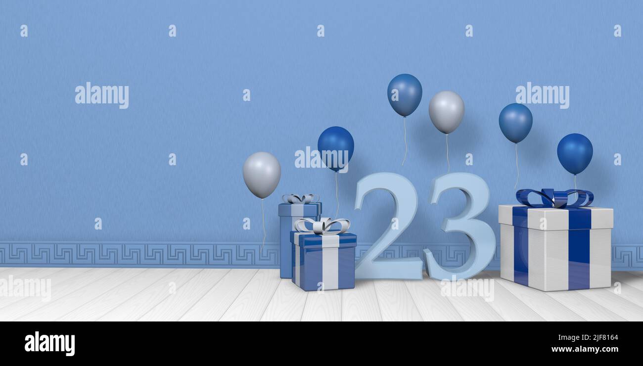 Light blue number 23 among bright blue and white gift boxes adorned with balloons floating on white wooden floor in empty room with pastel blue wall. Stock Photo