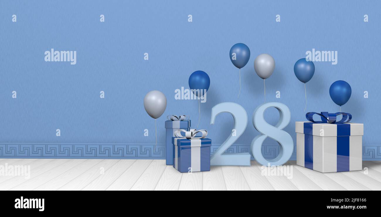 Light blue number 28 among bright blue and white gift boxes adorned with balloons floating on white wooden floor in empty room with pastel blue wall. Stock Photo
