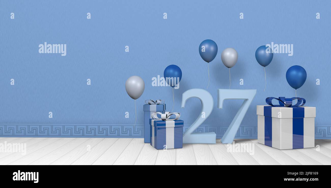 Light blue number 27 among bright blue and white gift boxes adorned with balloons floating on white wooden floor in empty room with pastel blue wall. Stock Photo
