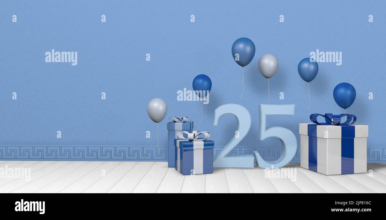 Light blue number 25 among bright blue and white gift boxes adorned with balloons floating on white wooden floor in empty room with pastel blue wall. Stock Photo