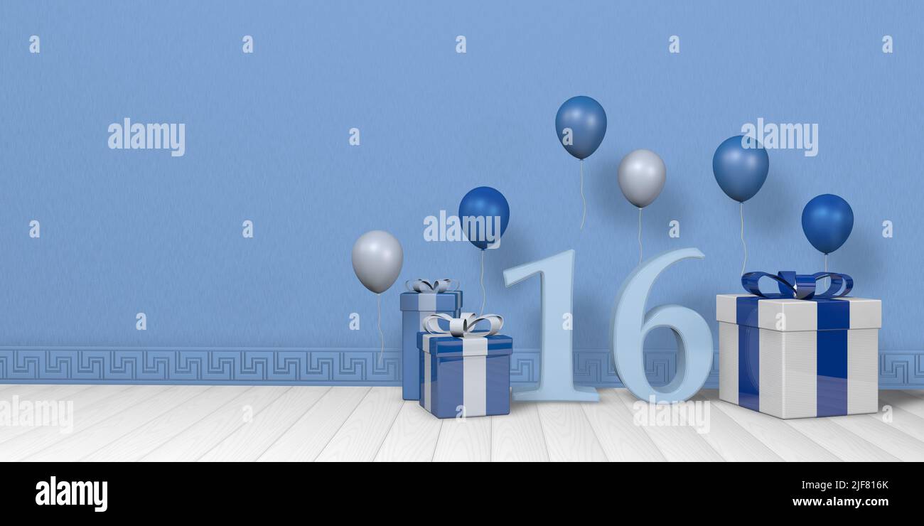 Light blue number 16 among bright blue and white gift boxes adorned with balloons floating on white wooden floor in empty room with pastel blue wall. Stock Photo