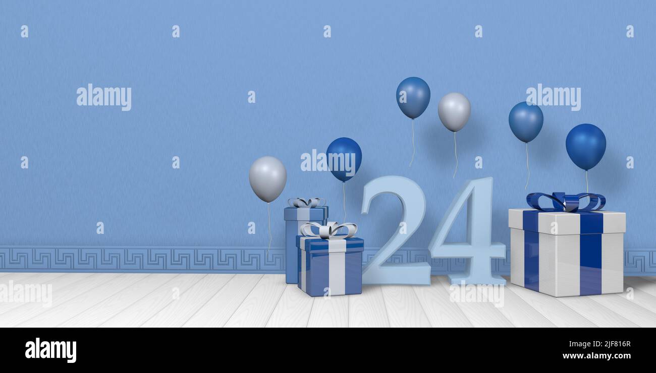 Light blue number 24 among bright blue and white gift boxes adorned with balloons floating on white wooden floor in empty room with pastel blue wall. Stock Photo
