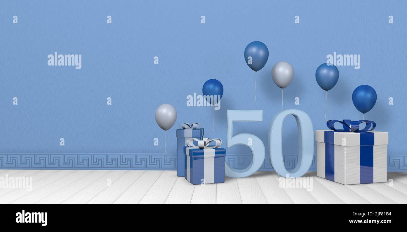 Light blue number 50 among bright blue and white gift boxes adorned with balloons floating on white wooden floor in empty room with pastel blue wall. Stock Photo