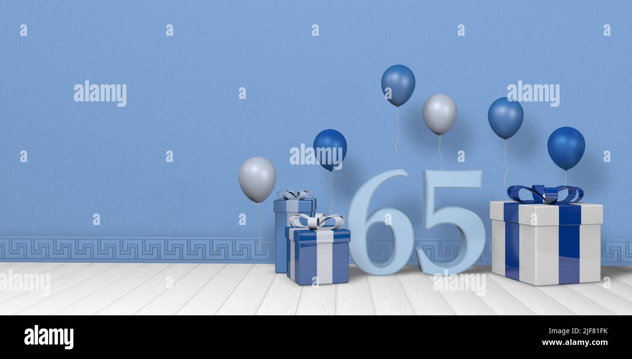 Light blue number 65 among bright blue and white gift boxes adorned with balloons floating on white wooden floor in empty room with pastel blue wall. Stock Photo