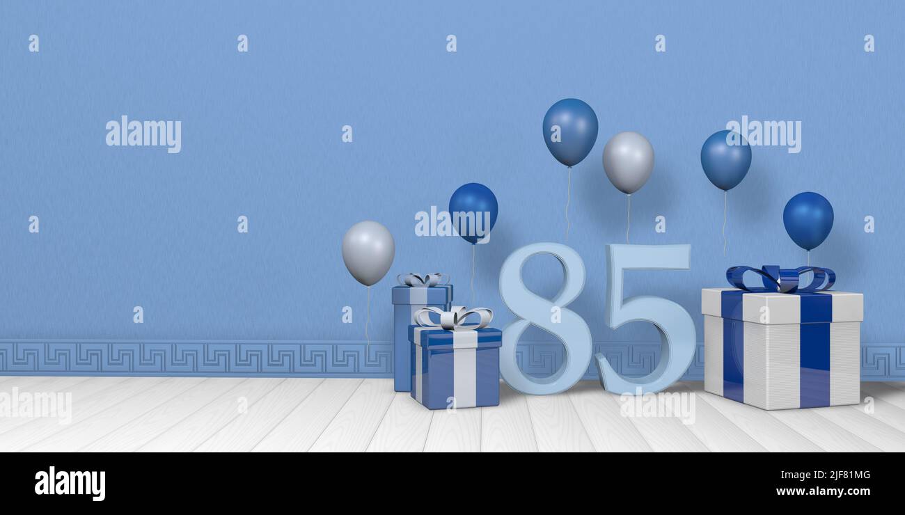 Light blue number 85 among bright blue and white gift boxes adorned with balloons floating on white wooden floor in empty room with pastel blue wall. Stock Photo
