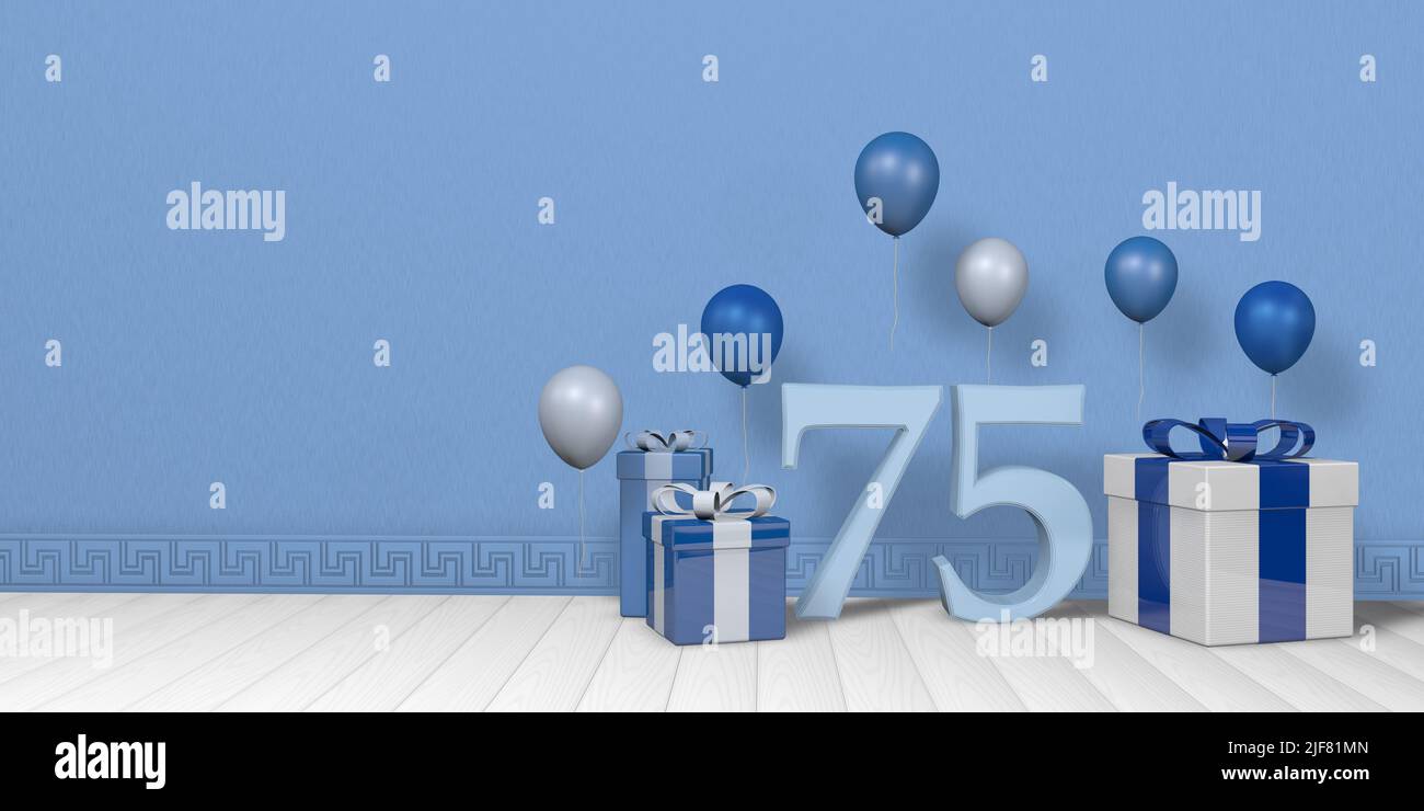 Light blue number 75 among bright blue and white gift boxes adorned with balloons floating on white wooden floor in empty room with pastel blue wall. Stock Photo
