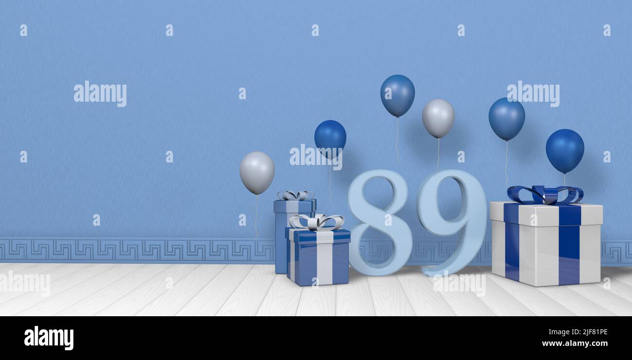 Light blue number 89 among bright blue and white gift boxes adorned with balloons floating on white wooden floor in empty room with pastel blue wall. Stock Photo