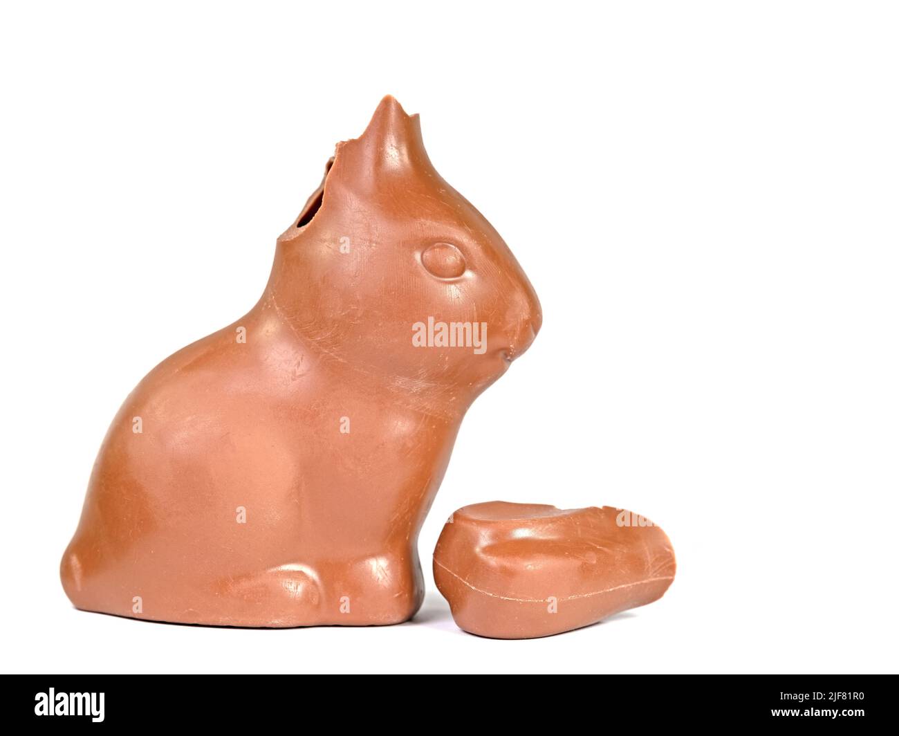 Broken chocolate bunny in front of white background Stock Photo