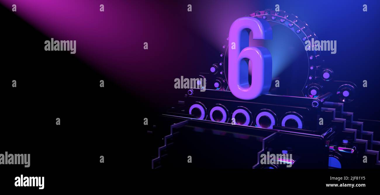 Solid number 6 on a black reflective stage with stairs and adorned with circles, illuminated with blue and red lights against a black background. With Stock Photo