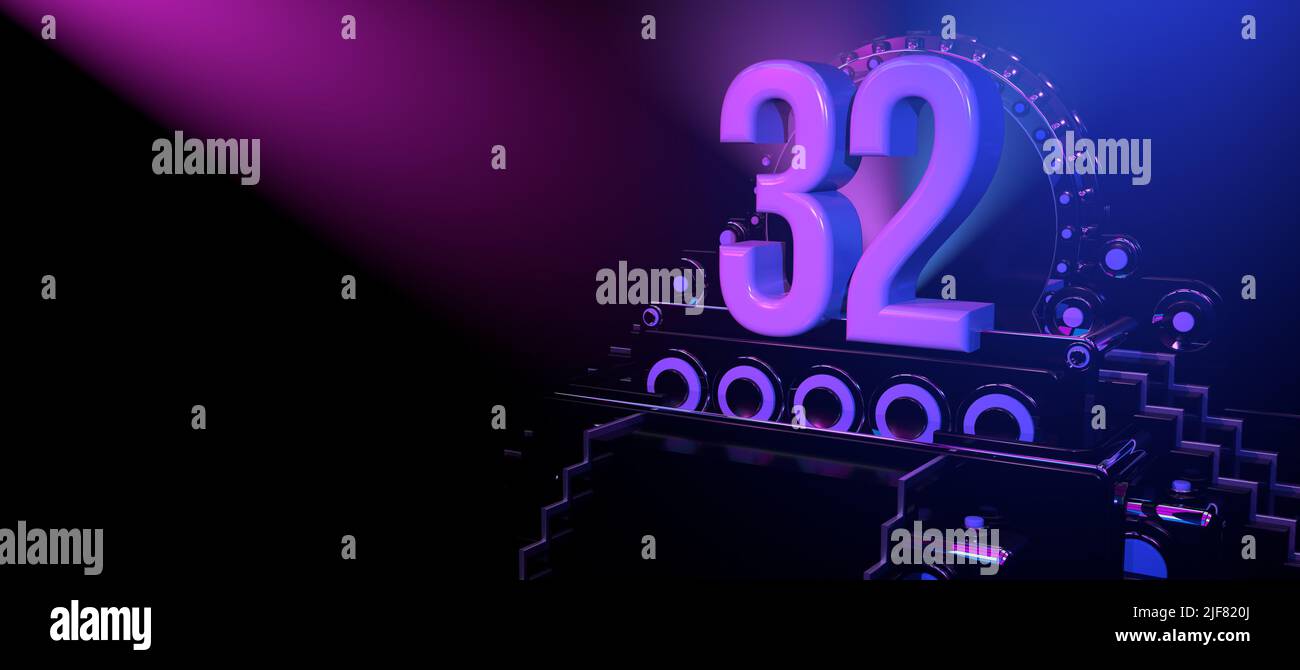 Solid number 32 on a black reflective stage with stairs and adorned ...