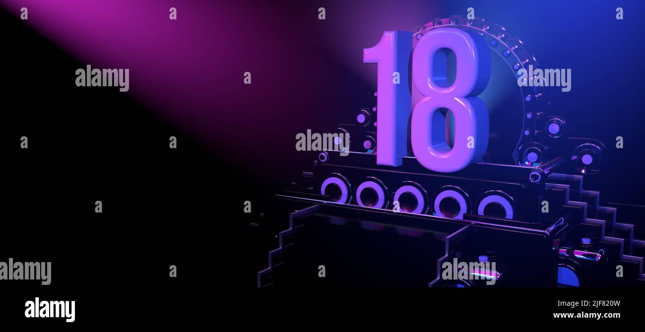 Solid number 18 on a black reflective stage with stairs and adorned with circles, illuminated with blue and red lights against a black background. Wit Stock Photo