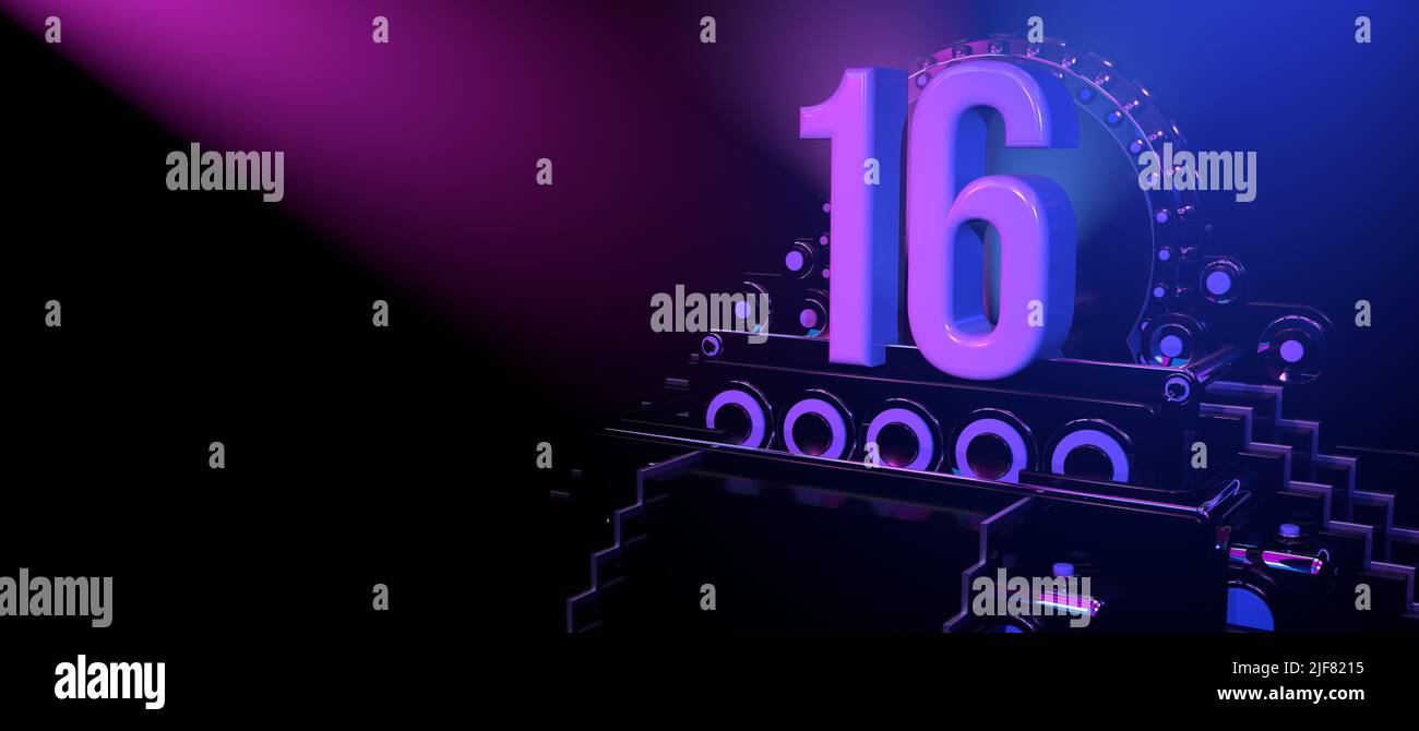 Solid number 16 on a black reflective stage with stairs and adorned with circles, illuminated with blue and red lights against a black background. Wit Stock Photo