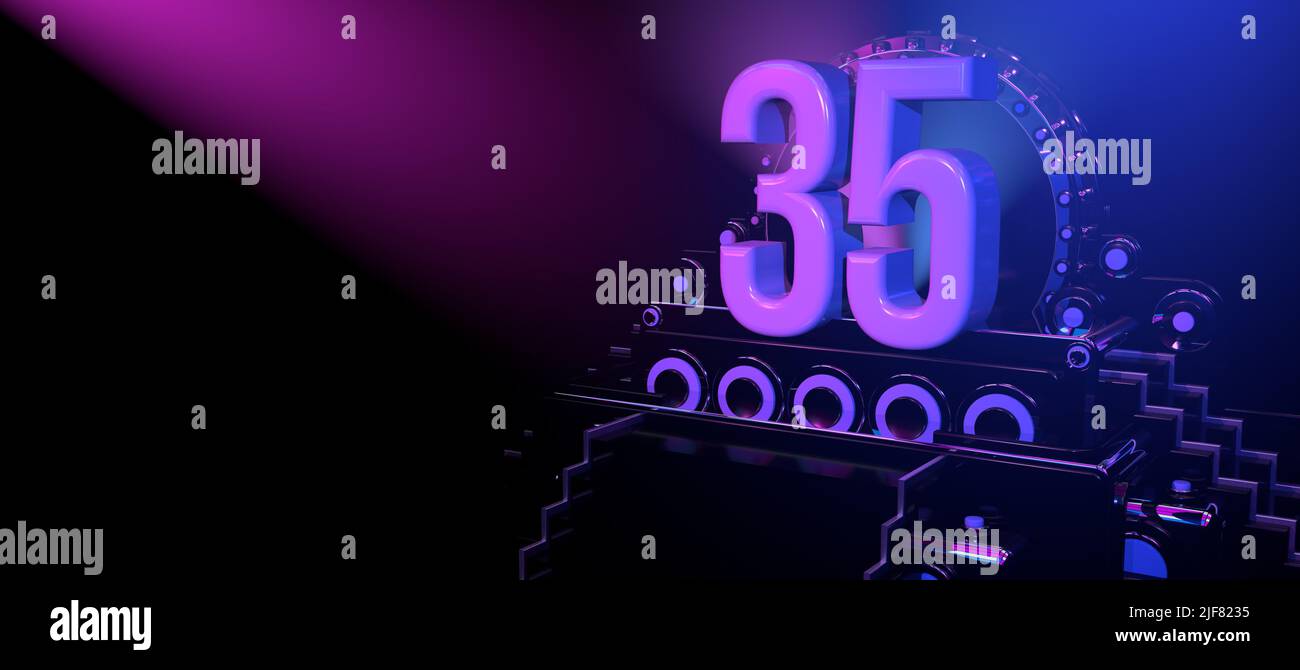 Solid number 35 on a black reflective stage with stairs and adorned with circles, illuminated with blue and red lights against a black background. Wit Stock Photo