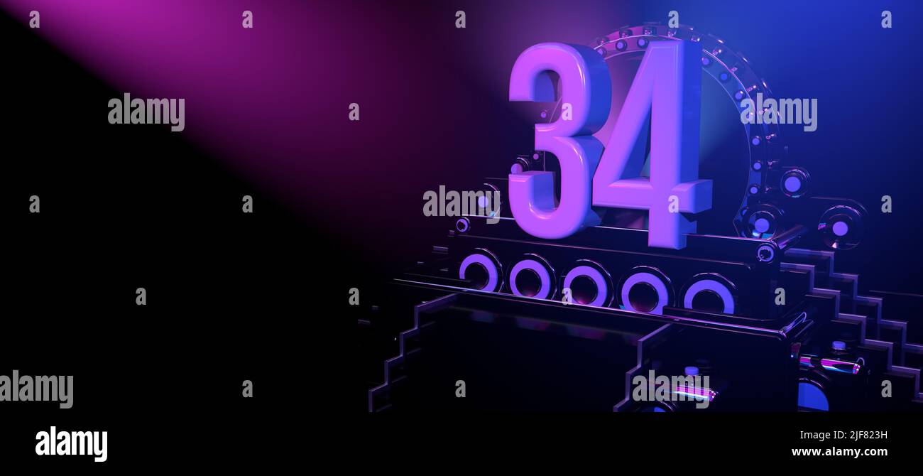 Solid number 34 on a black reflective stage with stairs and adorned with circles, illuminated with blue and red lights against a black background. Wit Stock Photo