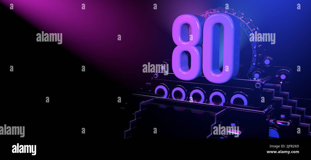 Solid number 80 on a black reflective stage with stairs and adorned with circles, illuminated with blue and red lights against a black background. Wit Stock Photo